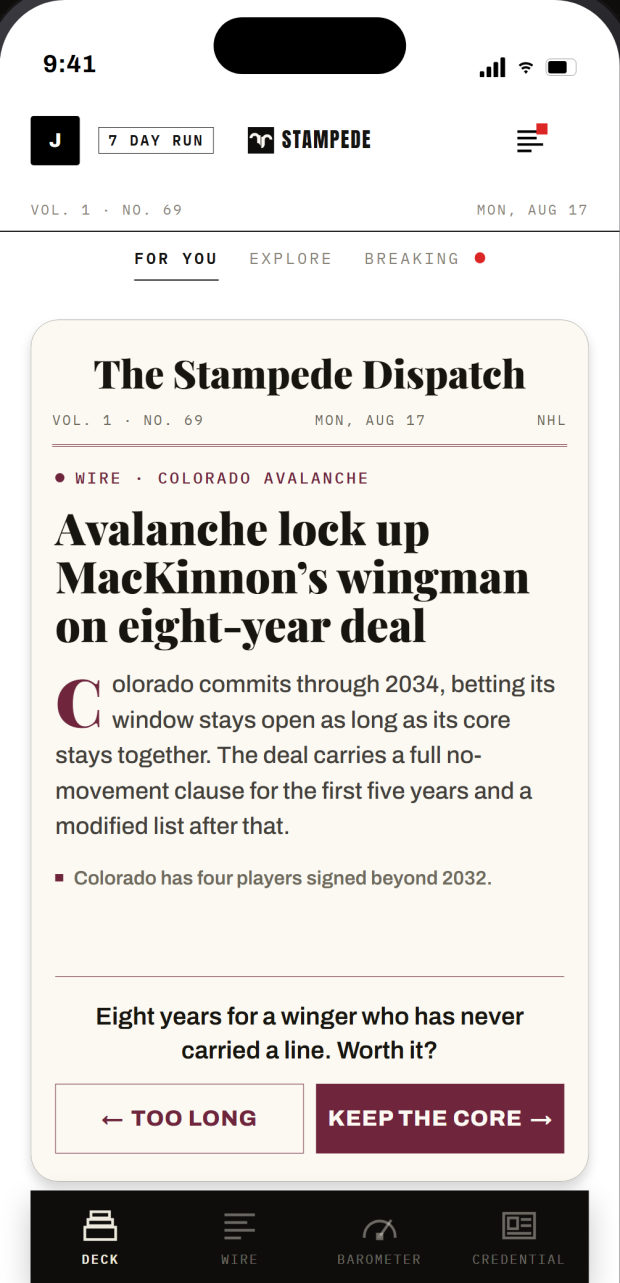 The Dispatch — The day's news set as a broadsheet. One call per card.