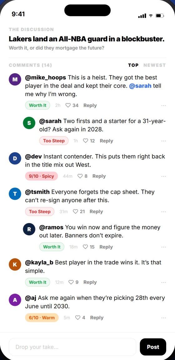 A comment thread where each reply is tagged with the stance its author voted, worth it or too steep.
