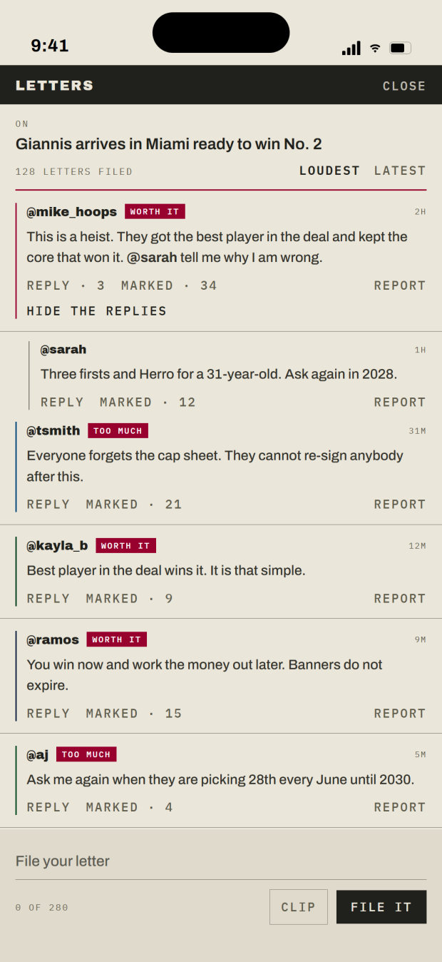 Letters: the replies under a card, each tagged with the take its author logged.