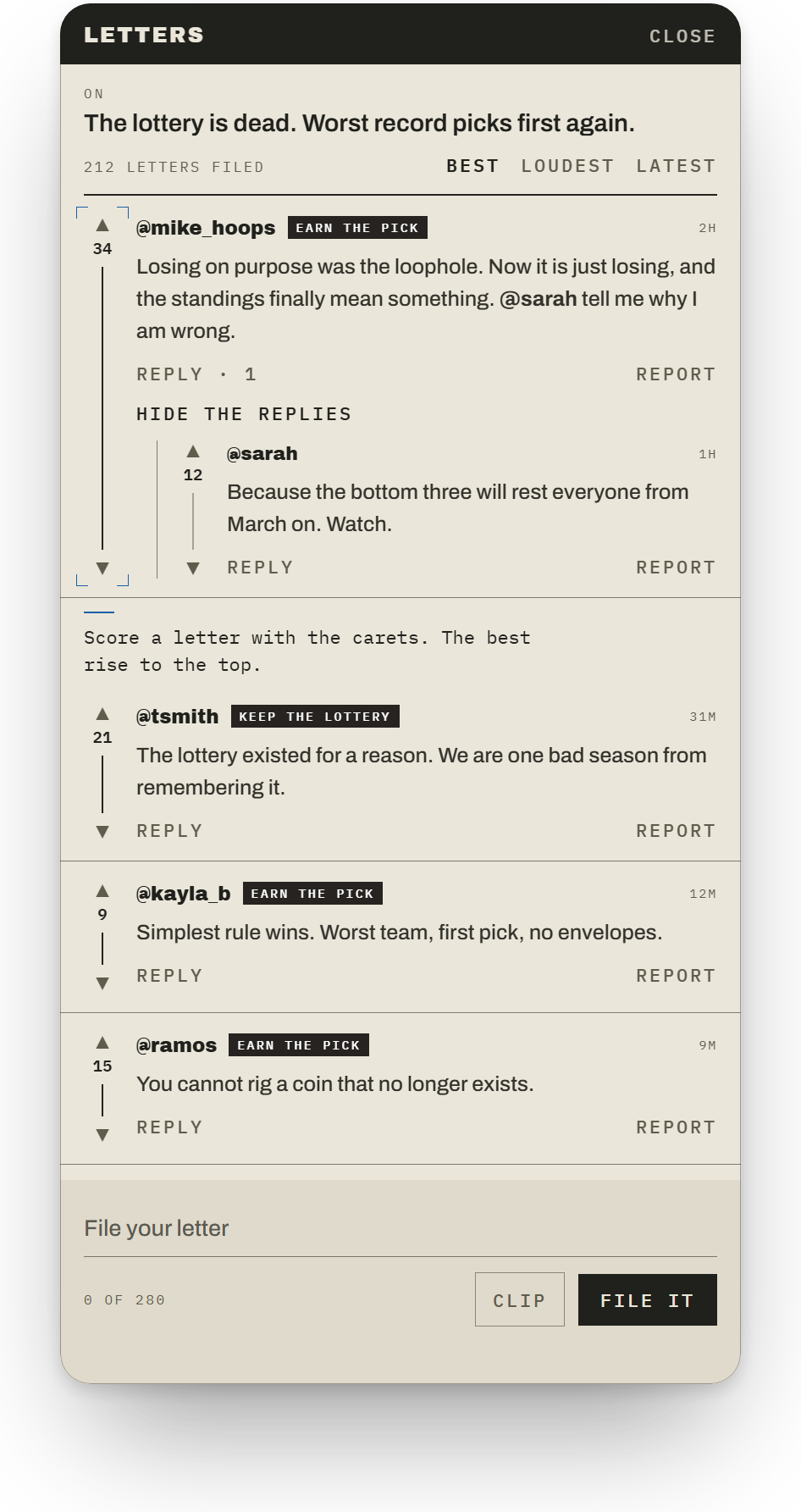 Letters: 212 replies under one story, each tagged with the take its writer marked, scored with carets in the margin.
