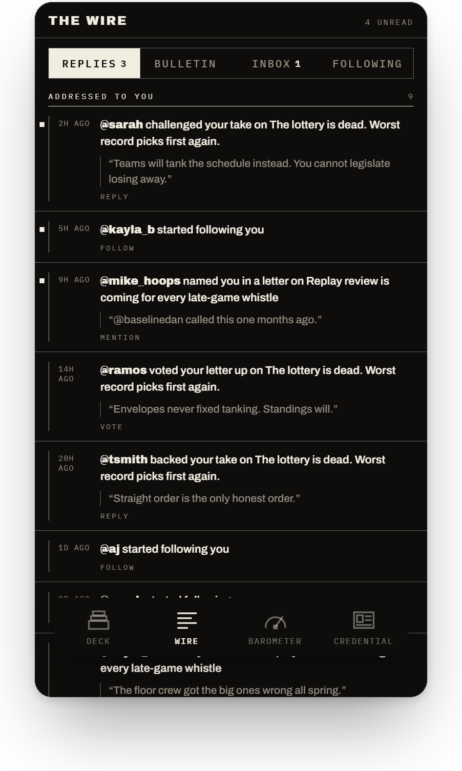 The Wire: replies, a new follower, a mention and an up-vote on your letter, with four unread.